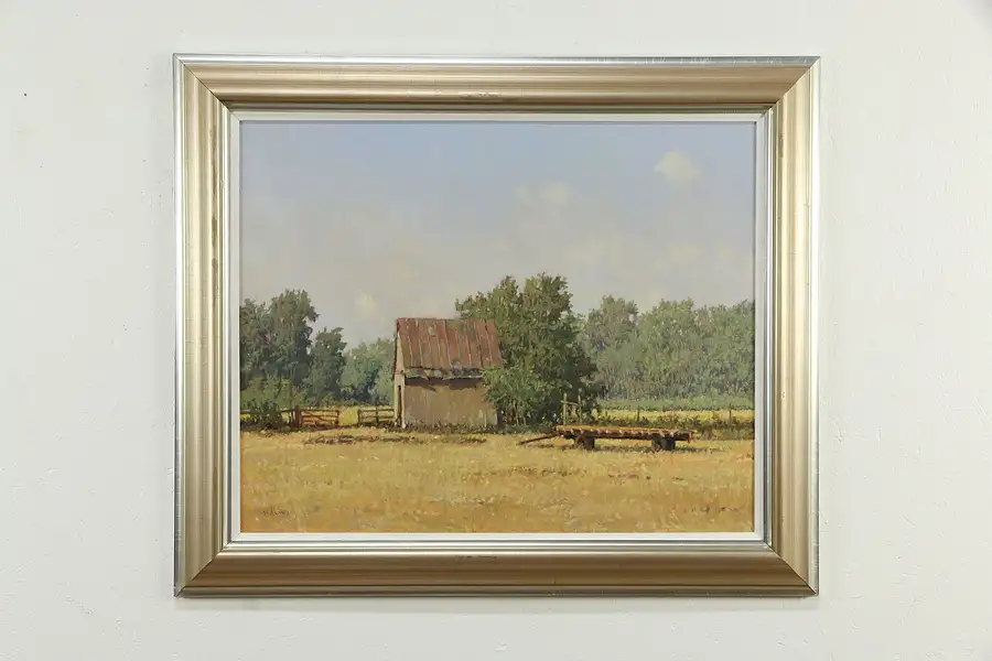 Main image of Country Barn & Hay Wagon Vintage Original Oil Painting Ron Boehmer 37"