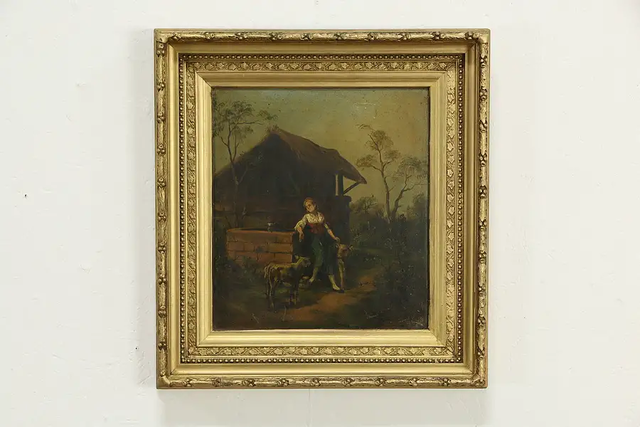 Main image of Young Farm Girl at a Well Antique Original Oil Painting Gaston 21"