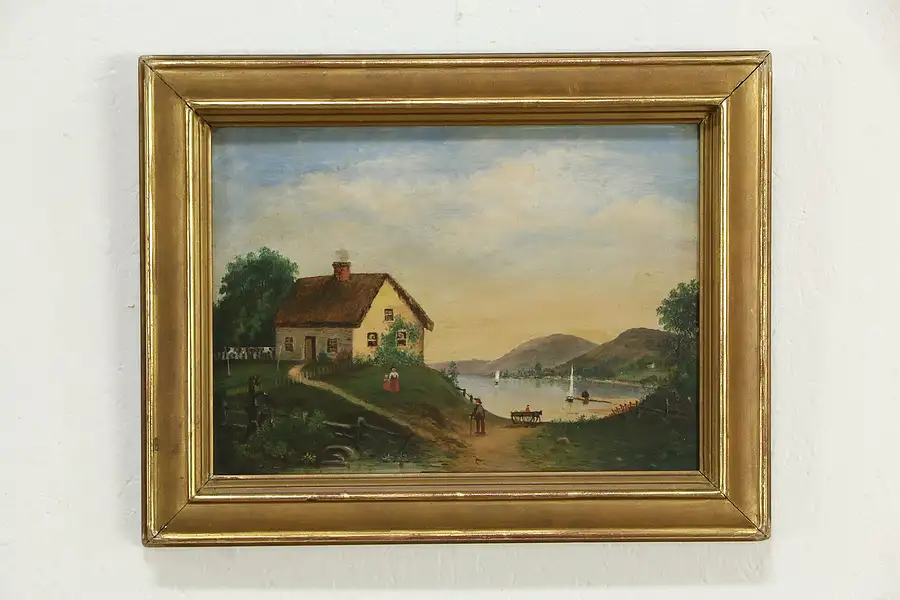 Main image of Cottage & Lake English Antique Primitive Original Oil Painting 17 1/2"