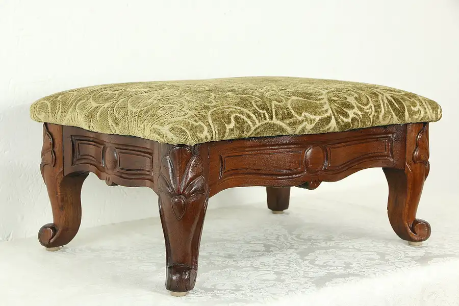 Main image of Victorian Antique Footstool, Carved Walnut, New Upholstery