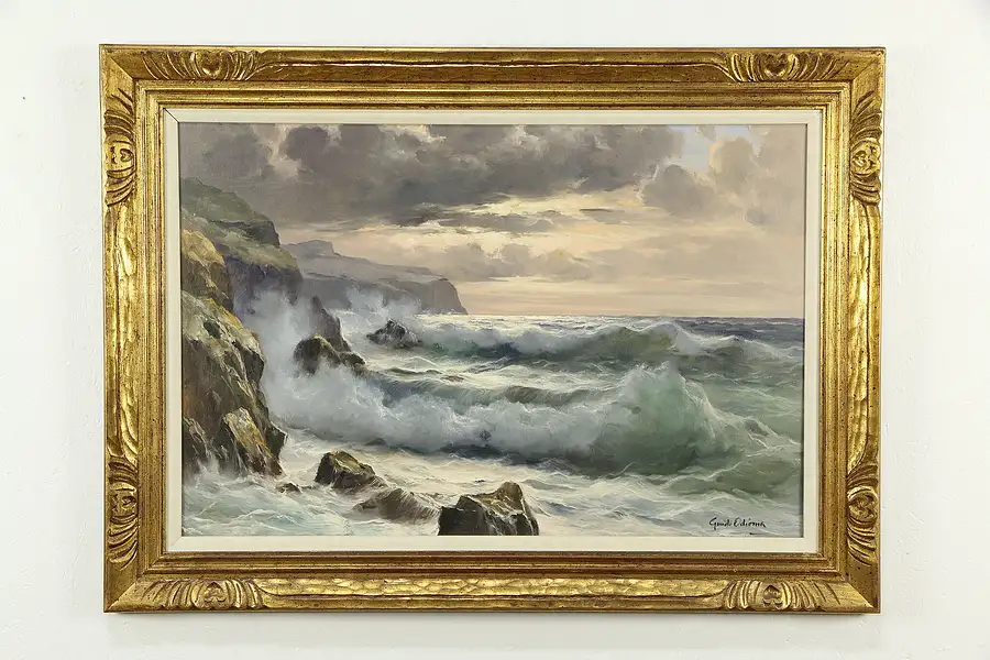 Main image of Raging Sea Vintage Original Oil Painting Signed Guido Odierna 44 1/2"