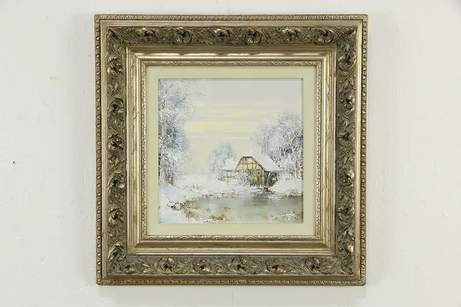 Main image of Old Mill & Water Wheel in Winter Vintage Original Oil Painting 21"