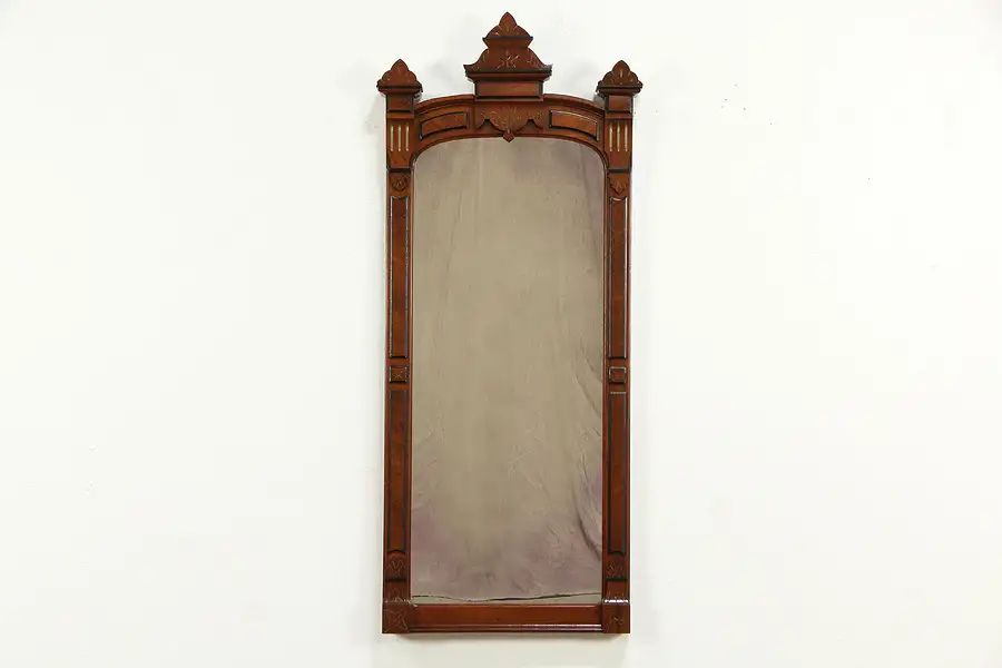 Main image of Victorian Eastlake Antique Walnut & Burl Hall Mirror