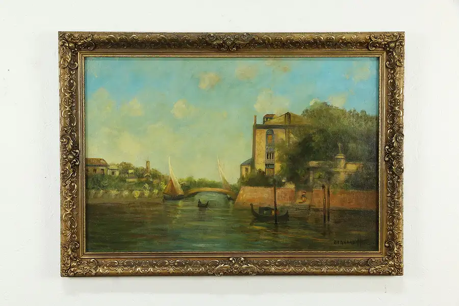 Main image of Venice Canal & Gondola Antique Original Oil Painting, Bernard Hal 42"