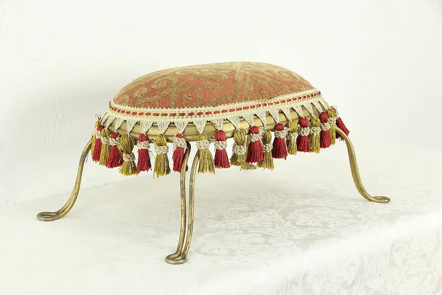 Main image of Victorian Antique Oval Footstool, New Upholstery with Fringe