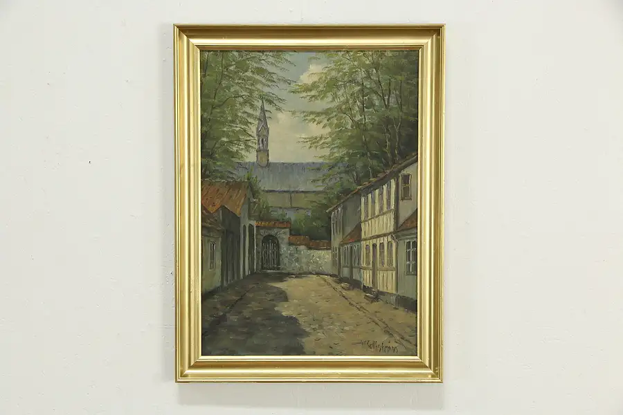 Main image of Village Church Scene Danish Original Oil Painting, Wallstrom 29"