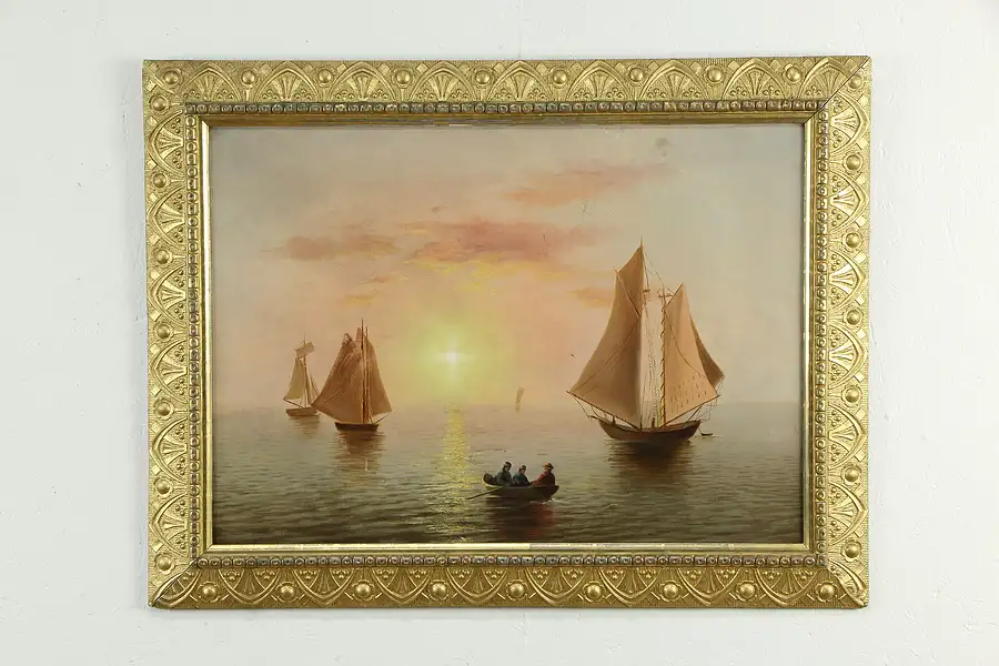 Main image of Sailboats at Sunset, Victorian Antique Oil Painting Gothic Frame