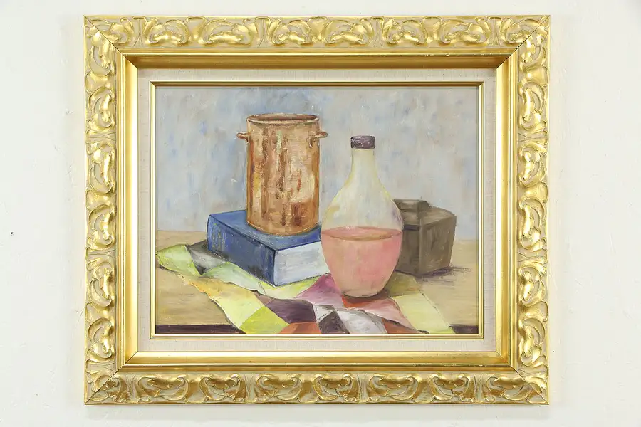 Main image of Still Life Jug & Book Original English Vintage Oil Painting Lily Wood 25"