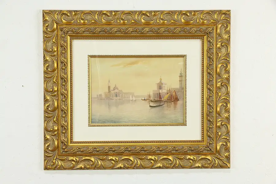 Main image of Port of Venice Antique Original Watercolor Painting, John Shapland 28"