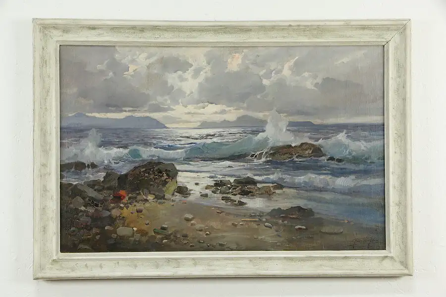 Main image of Crashing Waves & Shore, Original Vintage Oil Painting, John Giordano 38"