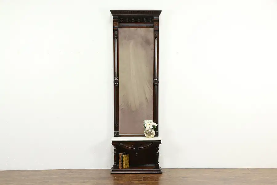 Main image of Victorian Eastlake Antique Walnut Pier or Hall Mirror, Marble Shelf