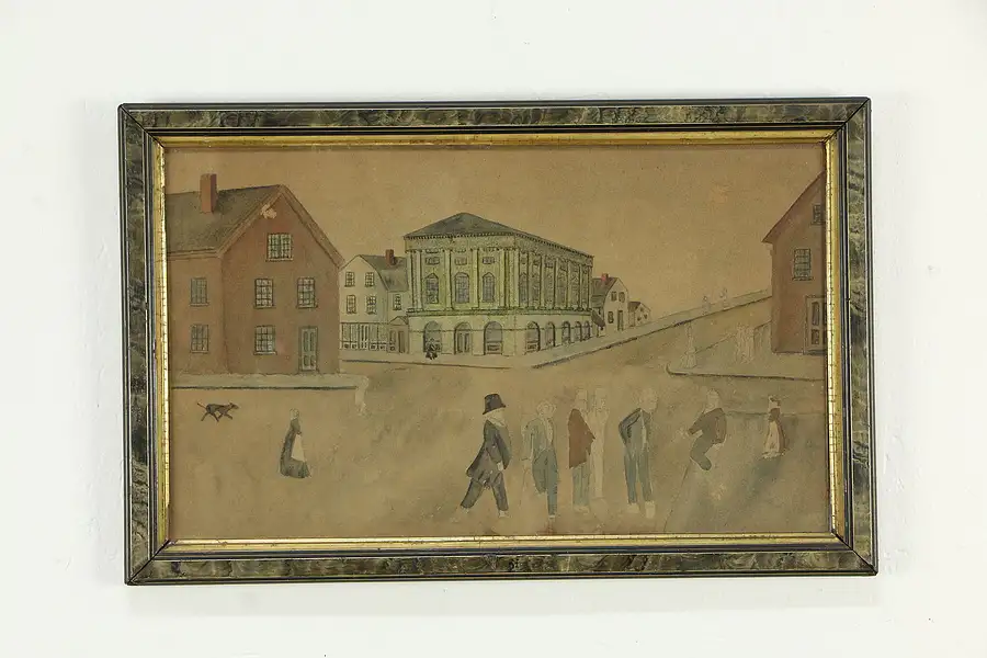 Main image of City Street Scene Naive Antique Original Watercolor Painting 22 1/2"