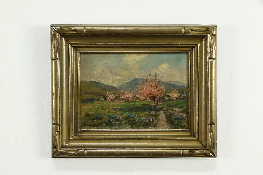 Main image of Orchard in Spring Original Antique Oil Painting M. Valencia 21"