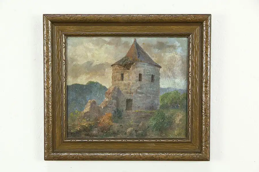 Main image of Stone Tower in Ruins, Original Antique Oil Painting Karl Kuchler 1922 16"