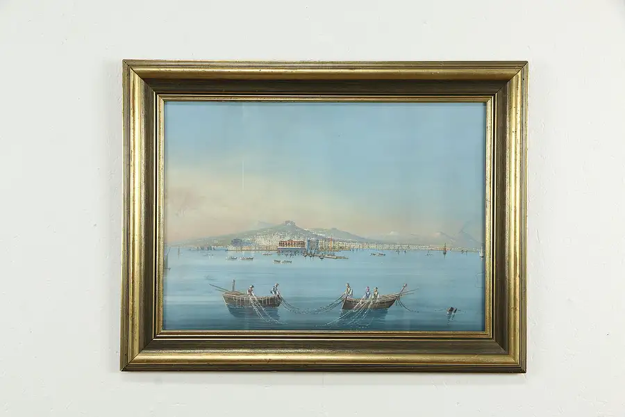 Main image of Fishermen in Naples & Vesuvius Antique Original Watercolor Painting 30"