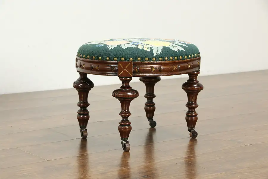 Main image of Victorian Antique Carved Walnut Footstool, Needlepoint Upholstery