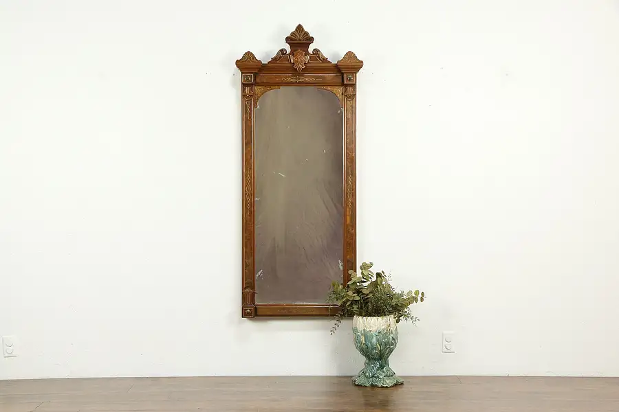 Main image of Victorian Antique Carved Walnut & Burl Hall Mirror