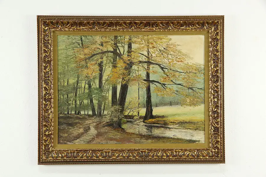 Main image of Forest Stream in Autumn Vintage Original Oil Painting, 37" Signed