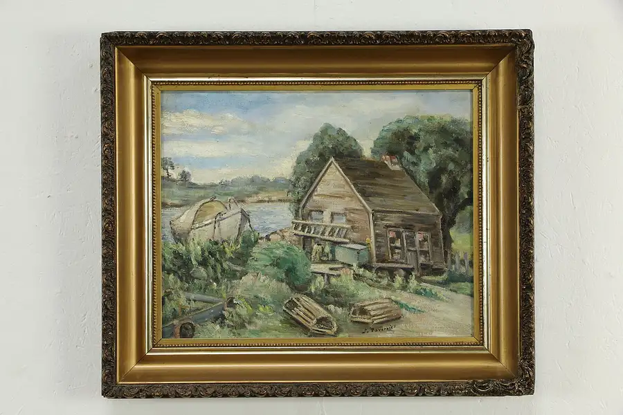 Main image of Lobster Shack New England Original Antique Oil Painting, J Tavernier 26"