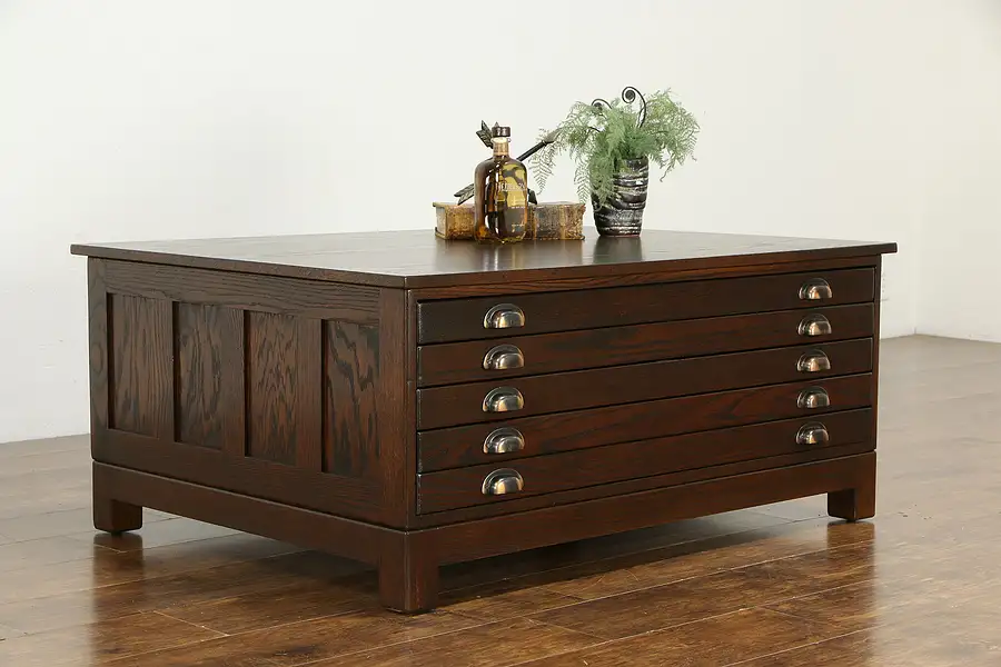 Main image of Oak Vintage Map Chest, Collector or Document File Coffee Table