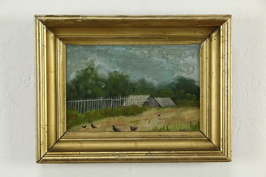 Main image of Farm Scene with Chickens Original Antique Oil Painting, Boston Canvas 12"