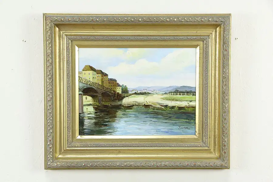 Main image of River Bank & Bridge English Original Vintage Oil Painting, J. Norton 25"