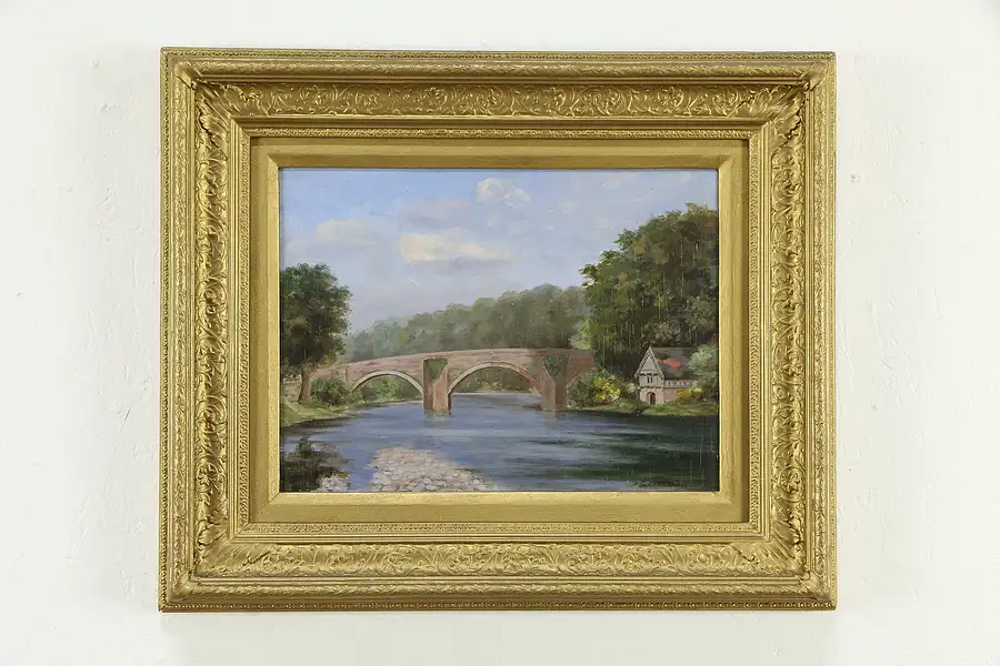 Main image of Bridge in Ruins Vintage British Original Oil Painting, D. Carmichael 24"