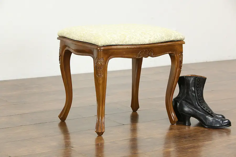 Main image of Carved Maple Vintage Stool or Bench, New Upholstery