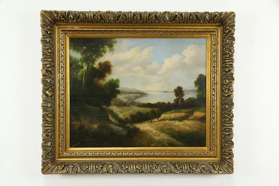 Main image of Forest Landscape & Shore Vintage Original Oil Painting, Richard 41"