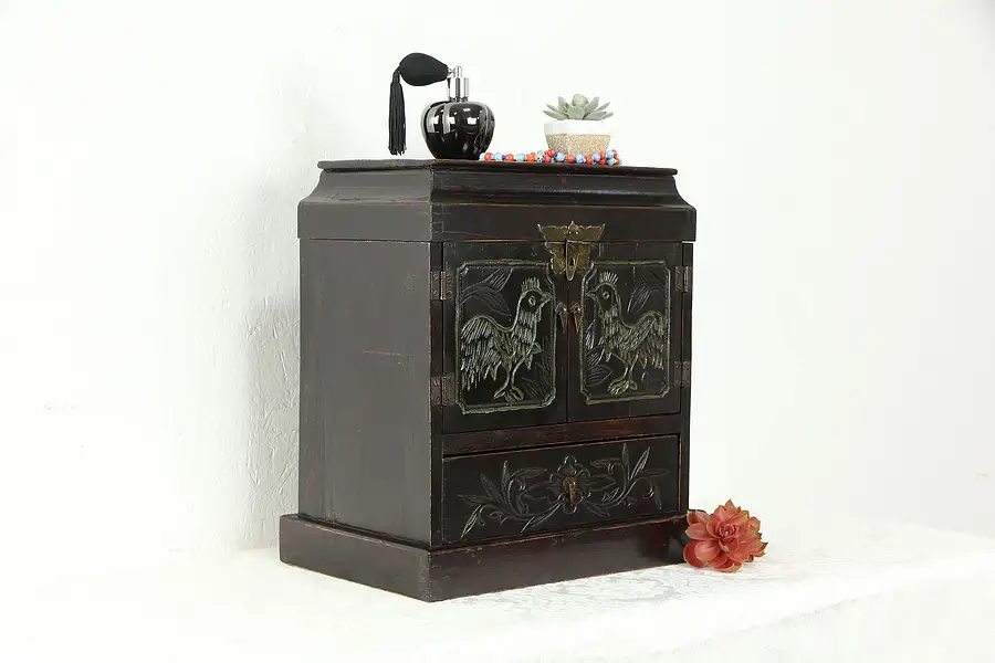 Main image of Chinese Ash Vintage Jewelry Chest, Carved Chicken Motif, Brass Mounts