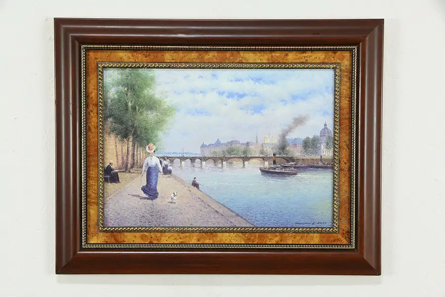 Main image of Paris Scene on the Seine River Original Oil Painting, 2008 Russian 27"