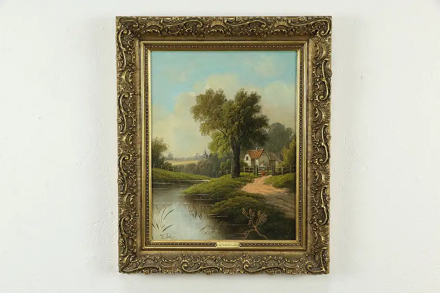 Main image of Victorian Cottage & Pond Original Antique Oil Painting, E Horton 23 1/2"