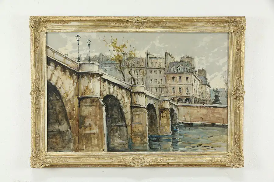 Main image of Paris Scene of Pont Neuf Vintage Original Oil Painting, Zamini? 41 1/2"