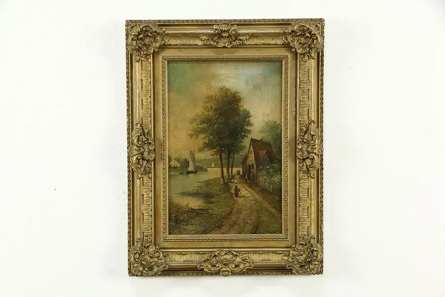 Main image of Riverbank Scene in France Antique Original Oil Painting Signed J Dorn 26"