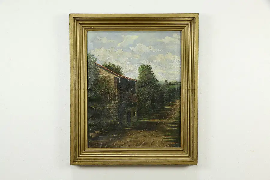 Main image of Old Stone House in St. Louis Original Antique Oil Painting, J Martin 45"