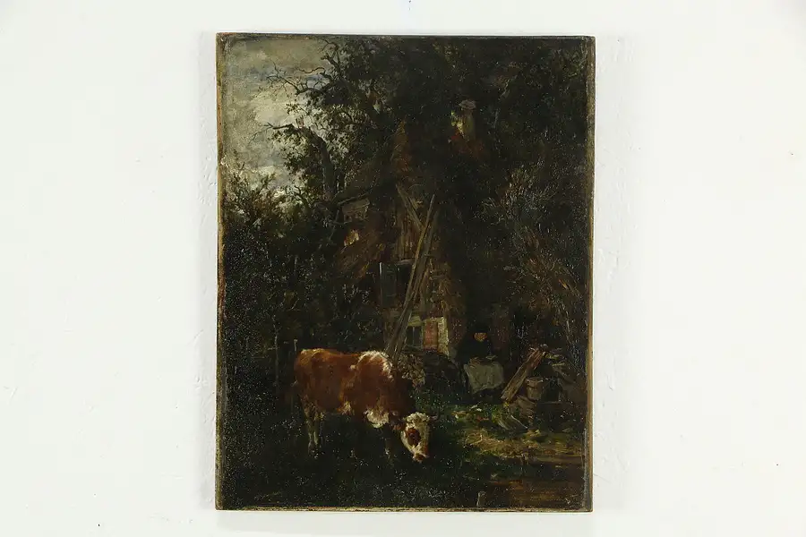 Main image of Thatched Cottage, Cow, Lady Reading Original Antique Oil Painting 16"