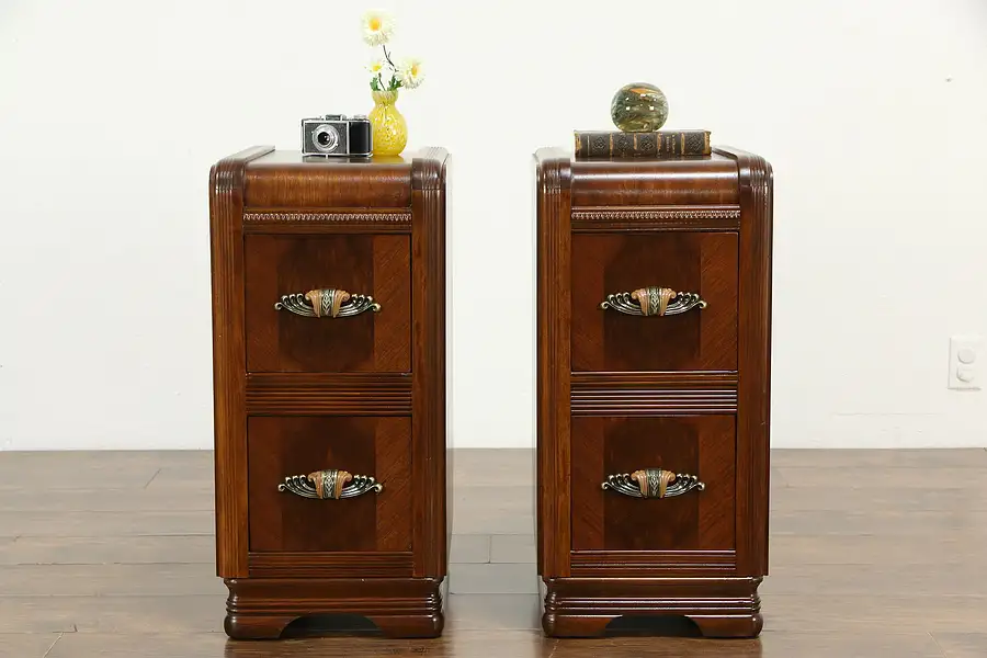 Main image of Pair of Art Deco Period Waterfall Design Nightstands, Bakelite Pulls