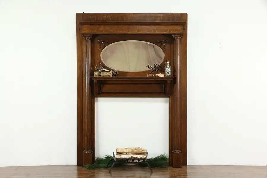 Main image of Victorian Antique Oak Architectural Salvage Fireplace Mantle & Mirror