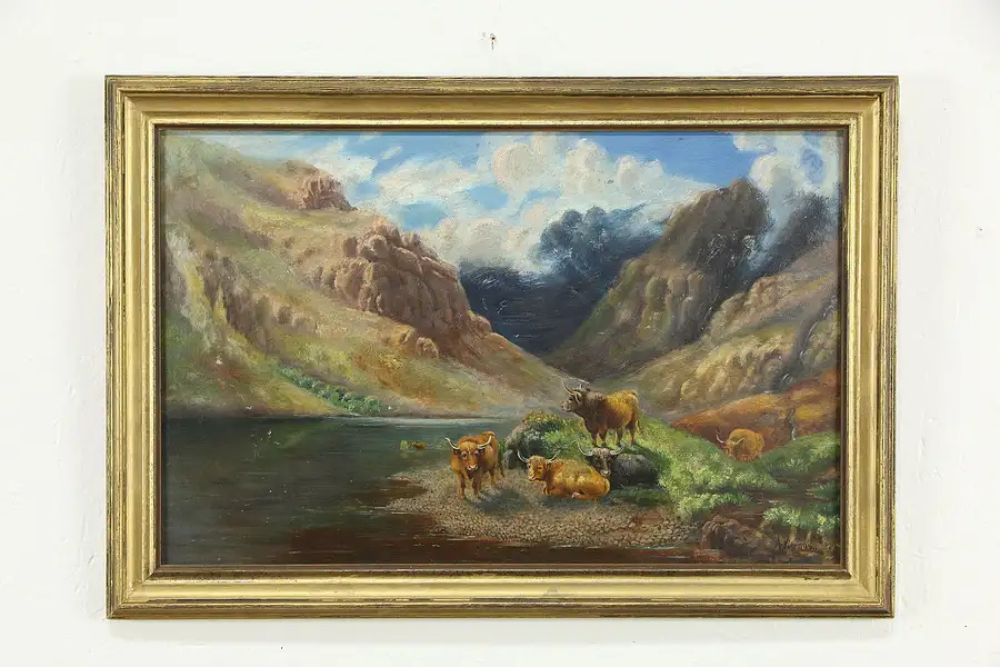 Main image of Highland Cattle in Scotland Original Antique Oil Painting, A. Viernow 21"