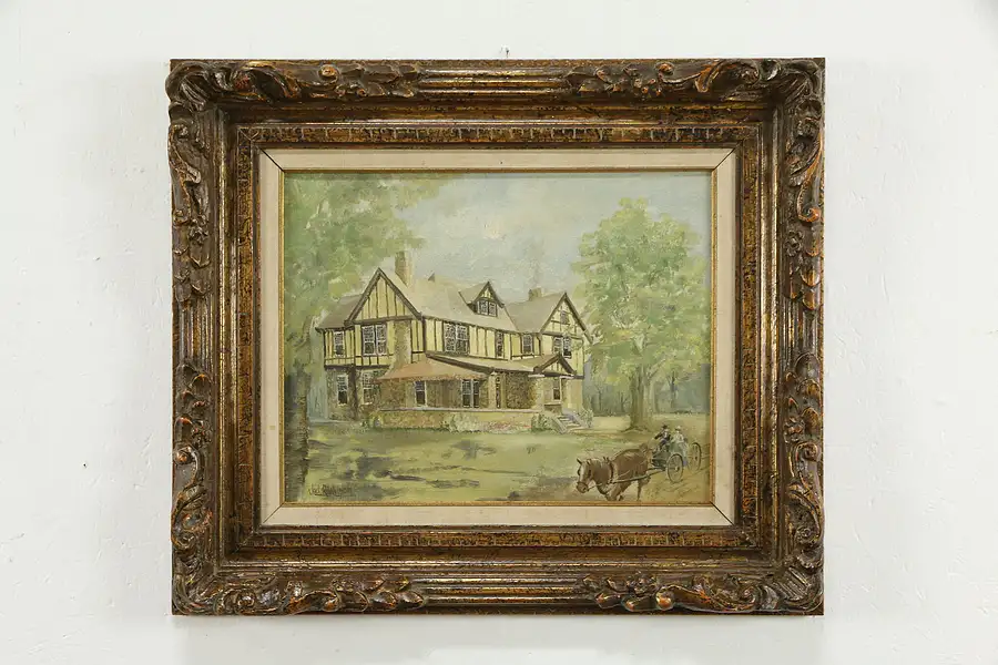 Main image of Tudor House with Horse & Carriage Original Oil Painting, Jack Wilson 27"