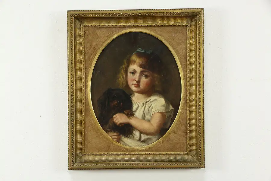 Main image of Victorian Antique English Original Oil Painting, Girl & Dog 28"