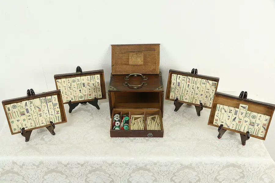 Main image of Mah Jong or Jongg Chinese Game Set & Case, Carved Bone, 1923 Pat.