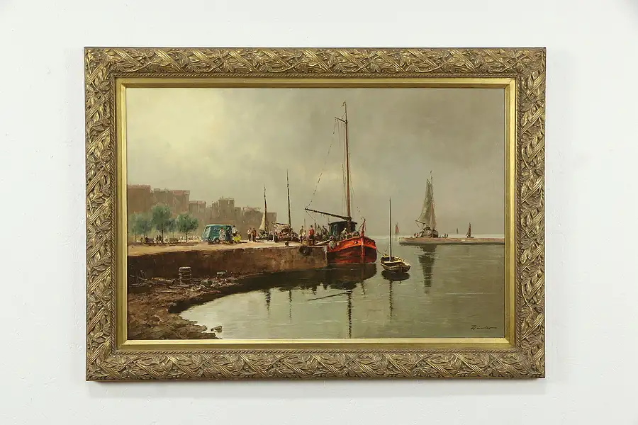 Main image of Boats at Port with Fortress Original Oil Painting Signed 2003 43"