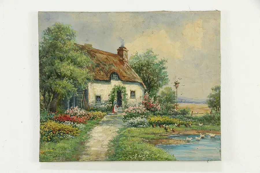 Main image of Cottage & Duck Pond in Summer Antique Original Oil Painting, Karsten 28"