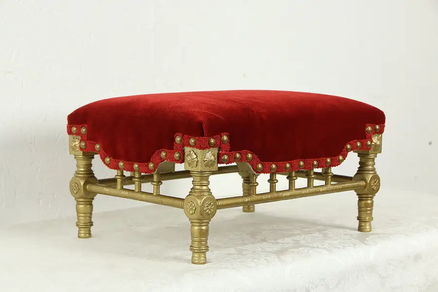 Main image of Victorian Antique Gold Footstool New Velvet Upholstery