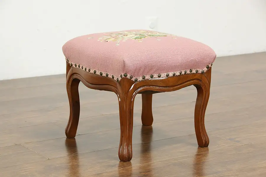 Main image of Victorian Antique Carved Walnut Footstool Needlepoint Upholstery