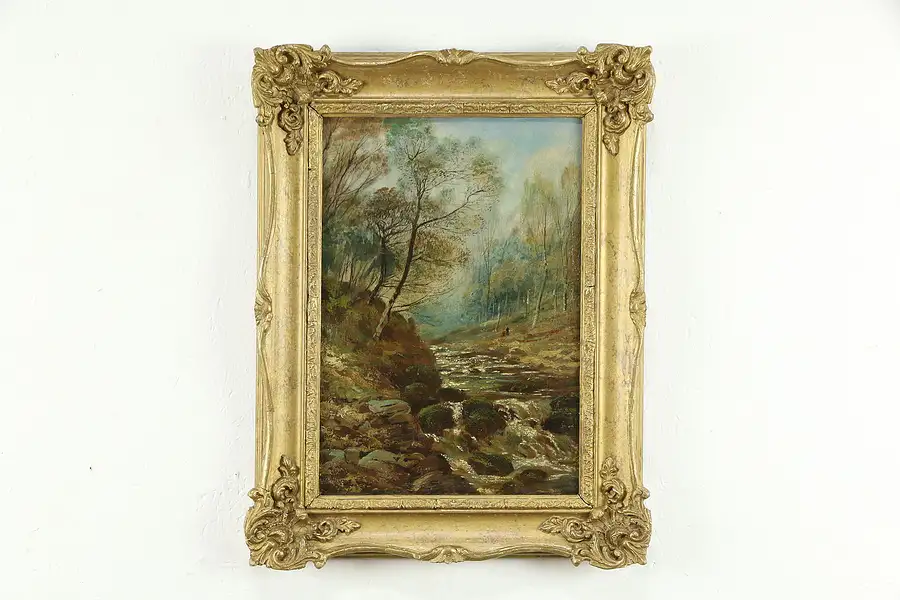 Main image of Victorian Antique Original Oil Painting Forest Waterfall with Walkers