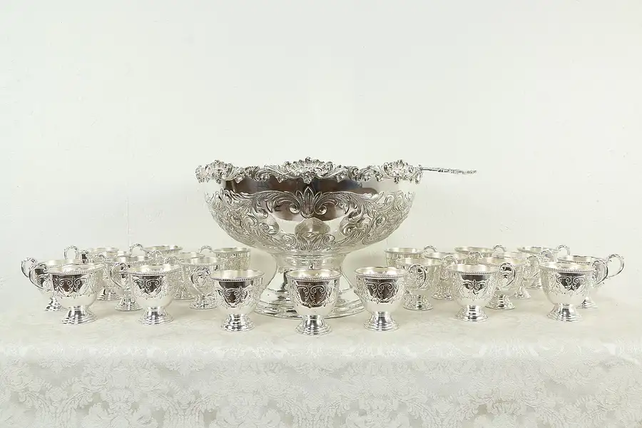 Main image of Silverplate Punch Bowl, 23 Footed Cups, Ladle Vintage by International