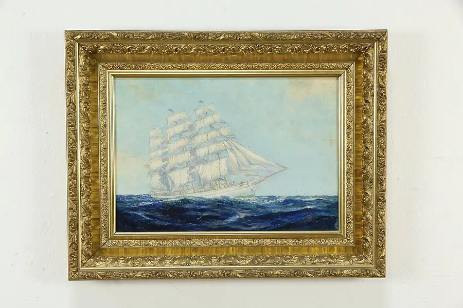 Main image of Clipper Ship Original Oil Painting, Fredrick Leo Hunter 1920 29 1/2"