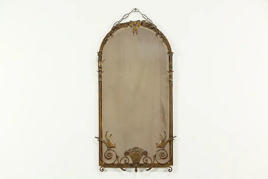 Main image of Arched Antique Wrought Iron Beveled Mirror, Birds & Flowers